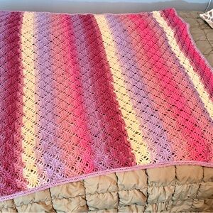 🧶 Handmade Crochet Baby Blanket – Pink, Purple & Cream Stripes 🧶